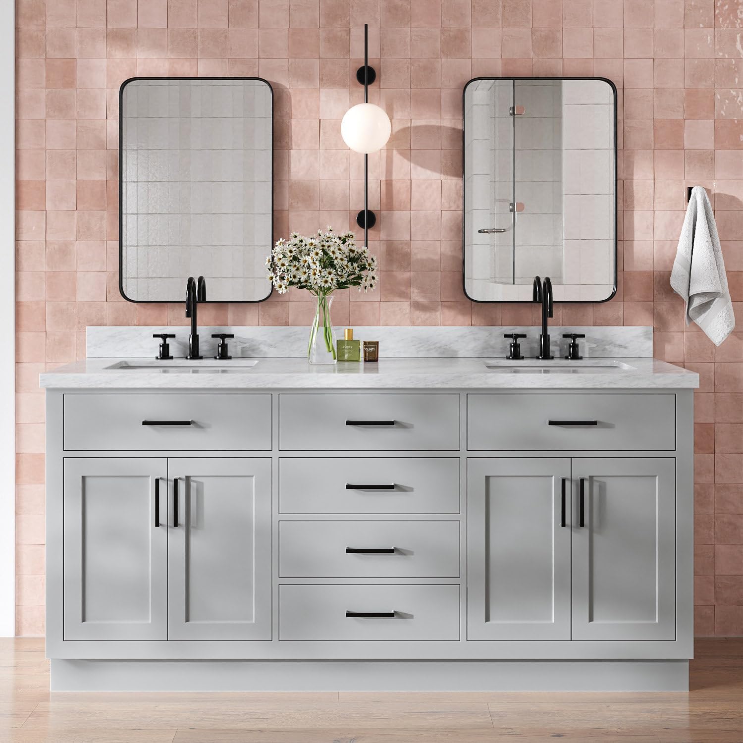 DKB Isabella 72 Inch Bathroom Vanity Double Sink — Grey Bathroom Vanity with Sink, 1.5' Edge Italian Carrara Marble Countertop & Backsplash, 4 Soft-Close Doors, 4 Dovetail Drawers, and 2 Tilt Drawers