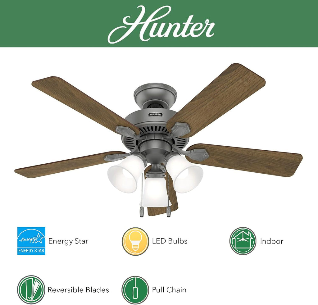 Hunter Fan 44 inch Matte Silver Indoor Ceiling Fan with Light and Pull Chain for Bedroom, Living Room, Office, Basement, Kitchen (Renewed), CC5C27C79