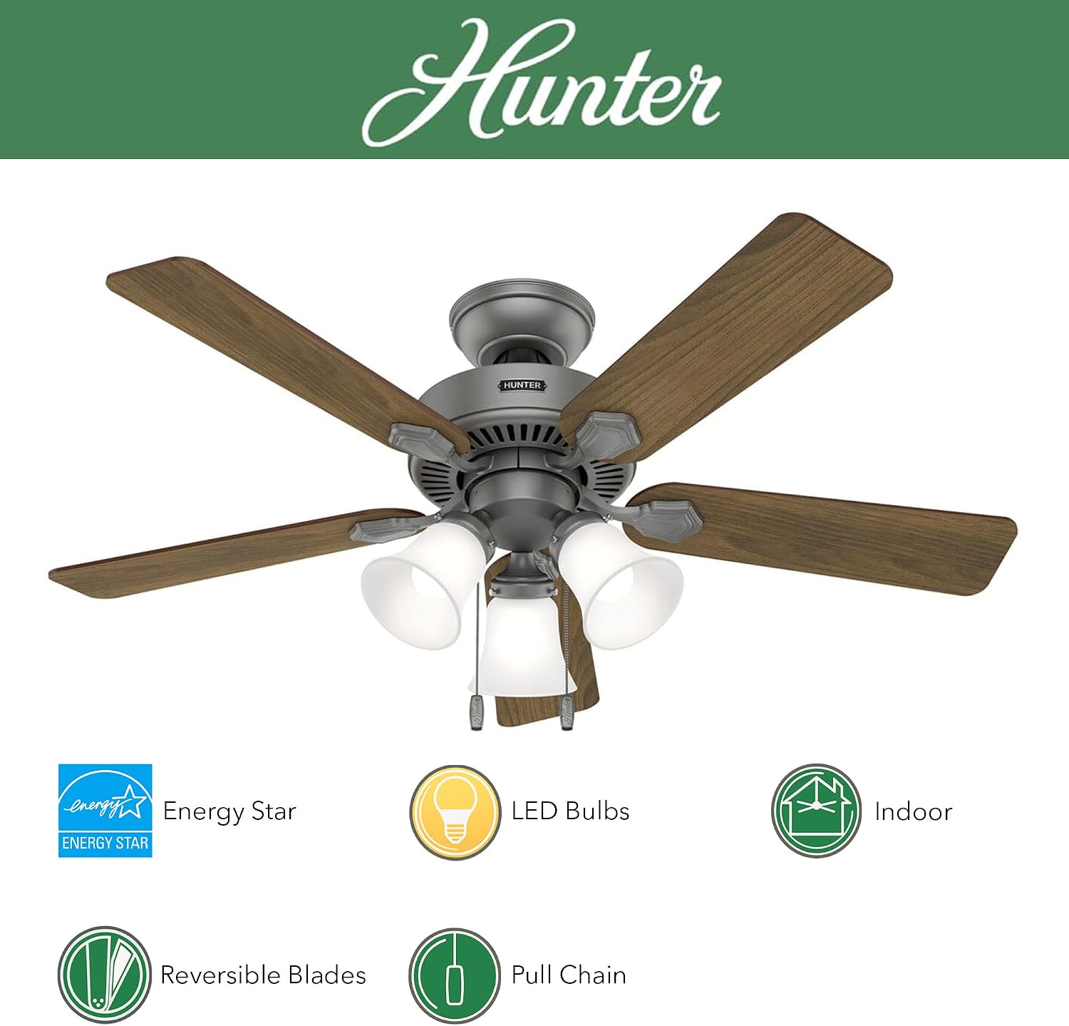 Hunter Fan 44 inch Matte Silver Indoor Ceiling Fan with Light and Pull Chain for Bedroom, Living Room, Office, Basement, Kitchen (Renewed), CC5C27C79