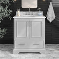 ARIEL Stafford 30-inch Bathroom Vanity with Sink,Solid Wood, 0.75-inch Italian Carrara Marble Countertop & Backsplash, Single Oval Porcelain Sink, 2 Soft Closing Doors, 1 Dovetail Drawers, Grey
