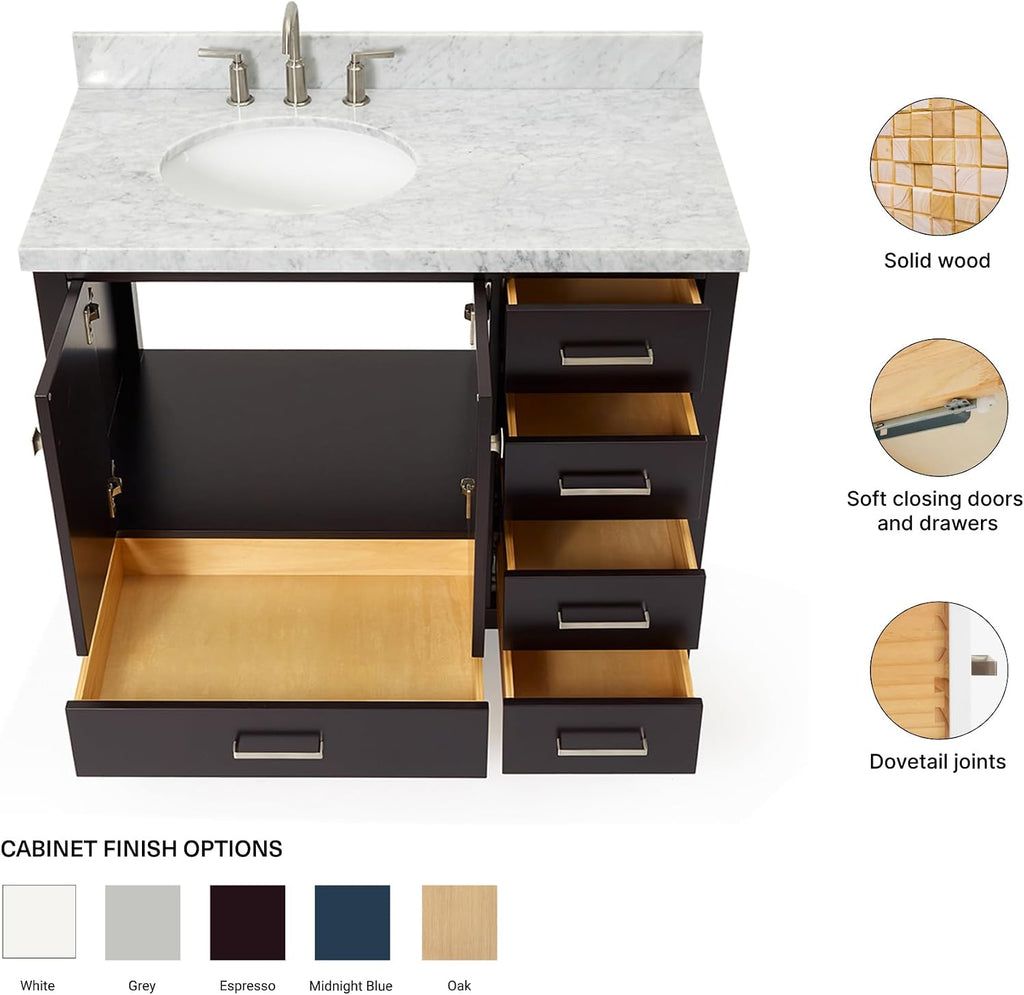 ARIEL Cambridge 42-inch Bathroom Vanity with Sink,Solid Wood, 1.5-inch Italian Carrara Marble Countertop & Backsplash, Single Oval Porcelain Sink, 2 Soft Closing Doors, 5 Dovetail Drawers, Espresso