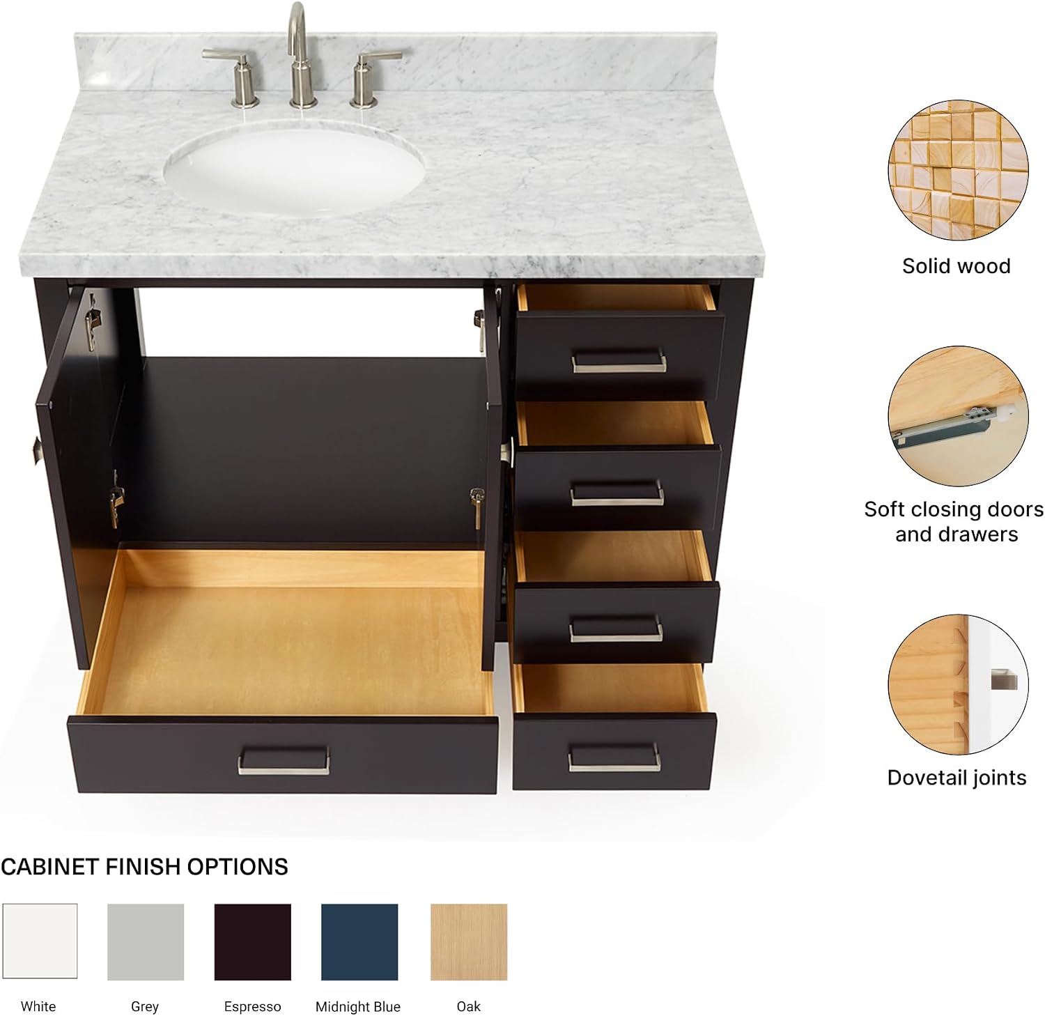ARIEL Cambridge 42-inch Bathroom Vanity with Sink,Solid Wood, 1.5-inch Italian Carrara Marble Countertop & Backsplash, Single Oval Porcelain Sink, 2 Soft Closing Doors, 5 Dovetail Drawers, Espresso