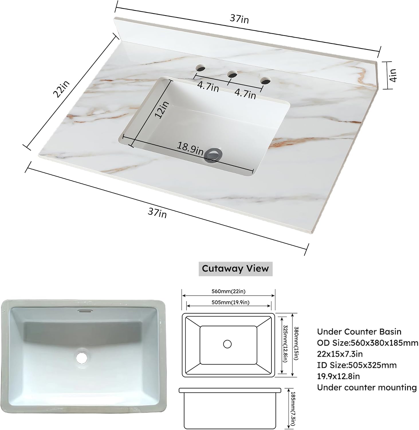 37' Bathroom Vanity Top with Ceramic Undermount Sink & Backsplash,Calacatta Gold Sintered Stone Counter Top, 3 Holes Vanity Sink Top
