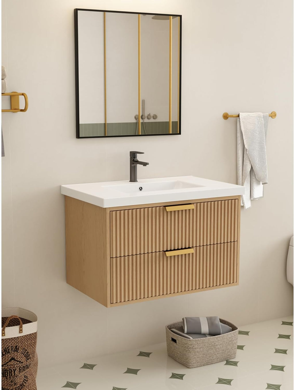 Modern 30' Floating Bathroom Vanity with White Sink in Oak Gray, Solid Wood, Fully Assembled, Single Sink