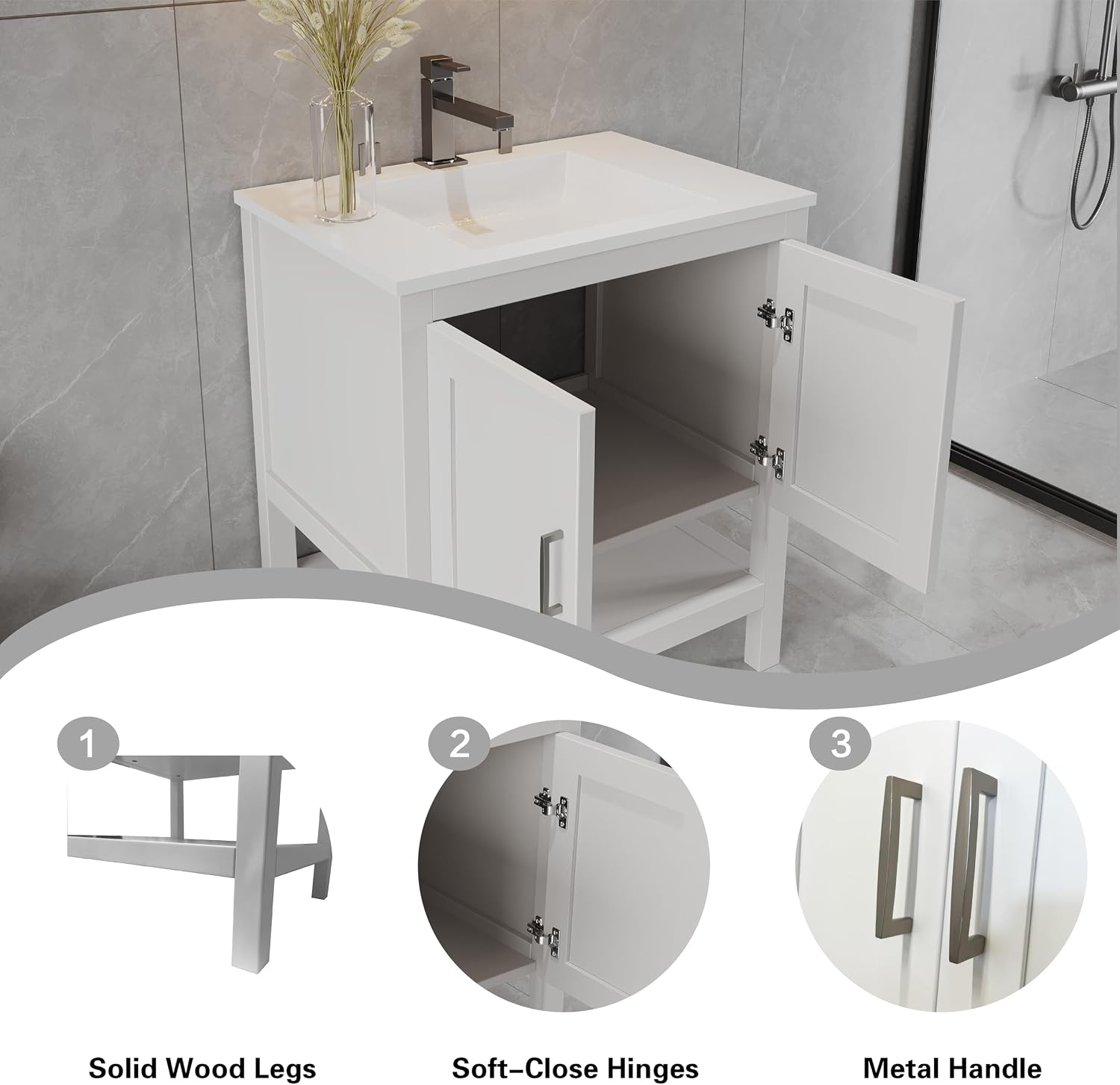 36' Bathroom Vanity Base – Freestanding Solid Wood Cabinet with Open Shelf, Soft-Close Doors, Sink Base Cabinet Only (White, No Top)
