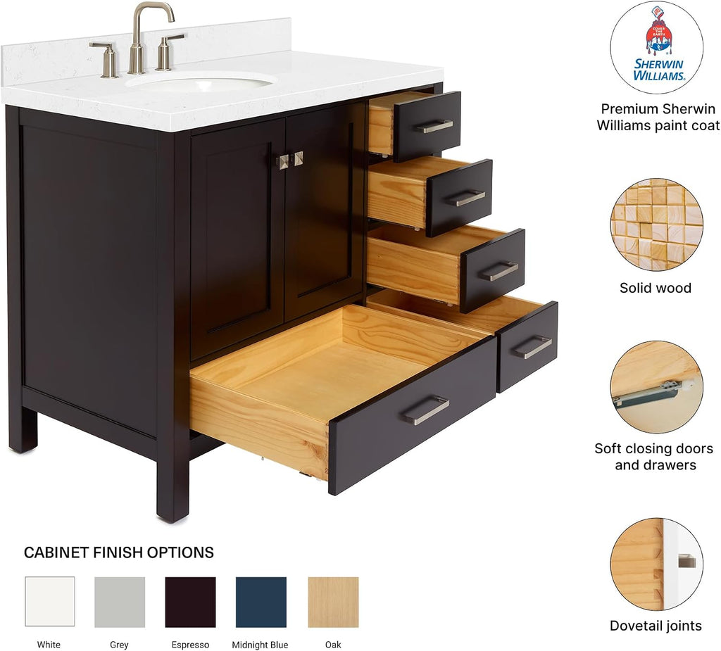 DKB Beckford 42-Inch Espresso Bathroom Vanity, Single Left Oval Undermount Sink, 1.5-Inch Carrara White Quartz Countertop & Backsplash, 2 Soft Closing Doors, 5 Dovetail Drawers, Solid Wood Frame