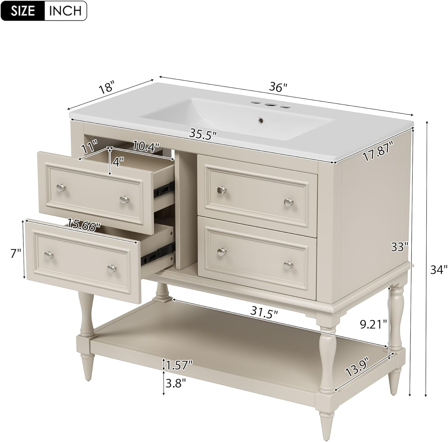 Merax Country 36' Bathroom Vanity with Sink, Farmhouse Bathroom Vanity Storage Cabinet with 4 Drawers and Open Shelf, Solid Wood Frame Bath Storage Vanity