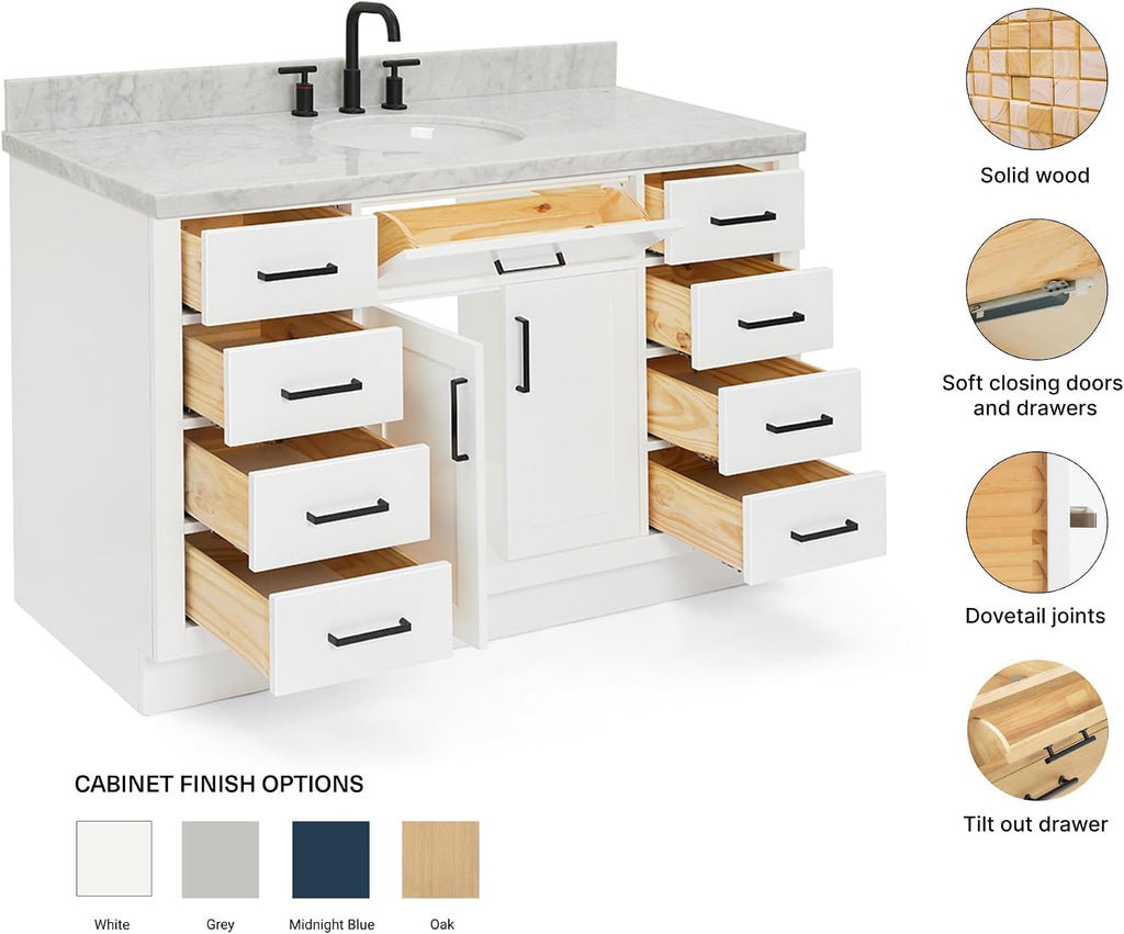 ARIEL Hepburn 54-inch Bathroom Vanity with Sink,Solid Wood, 1.5-inch Italian Carrara Marble Countertop & Backsplash, Single Oval Porcelain Sink, 2 Soft Closing Doors, 9 Dovetail Drawers, White