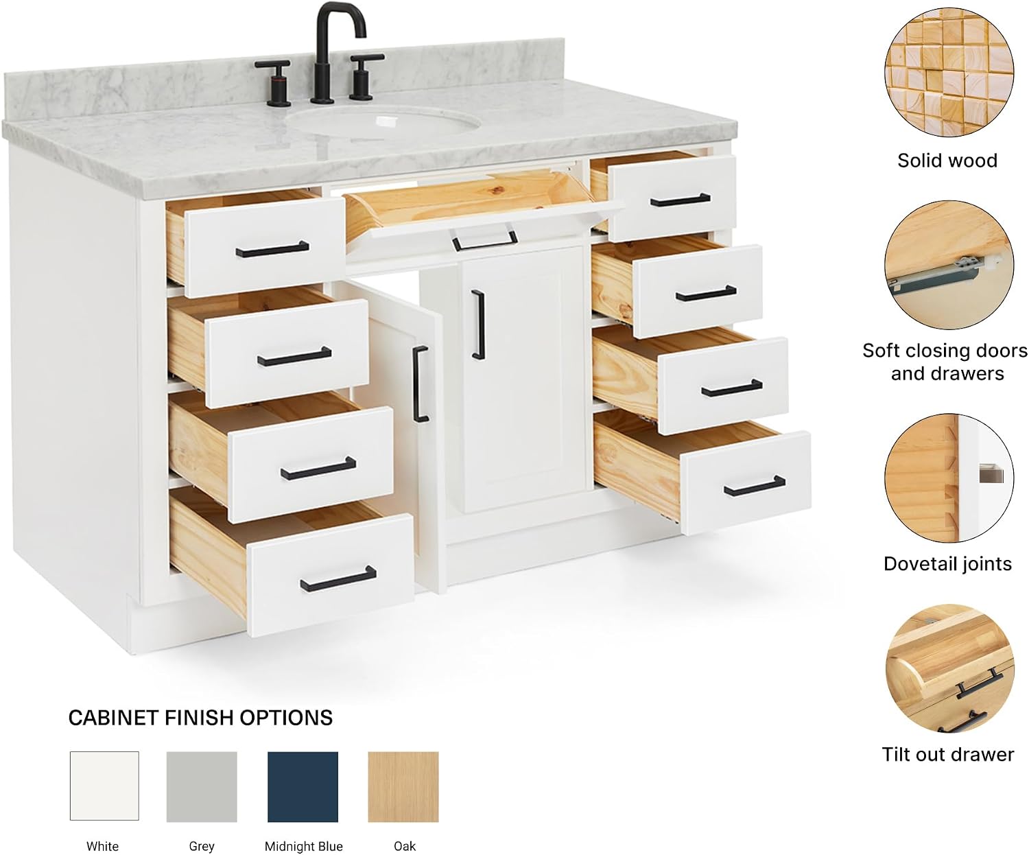 ARIEL Hepburn 54-inch Bathroom Vanity with Sink,Solid Wood, 1.5-inch Italian Carrara Marble Countertop & Backsplash, Single Oval Porcelain Sink, 2 Soft Closing Doors, 9 Dovetail Drawers, White