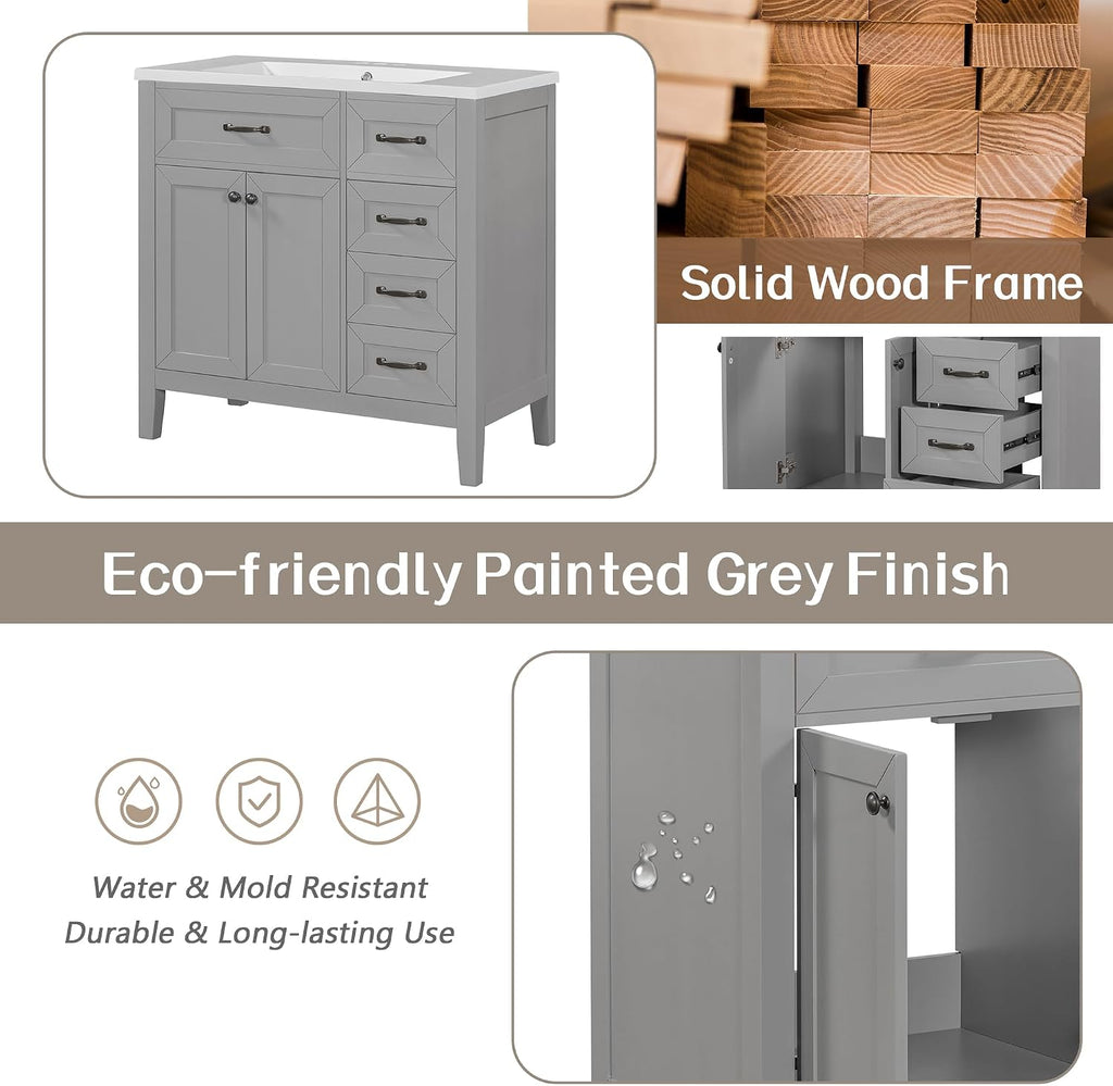 36' Bathroom Vanity with Sink Combo, Bathroom Cabinet with Drawers, Solid Frame and MDF Board,Grey