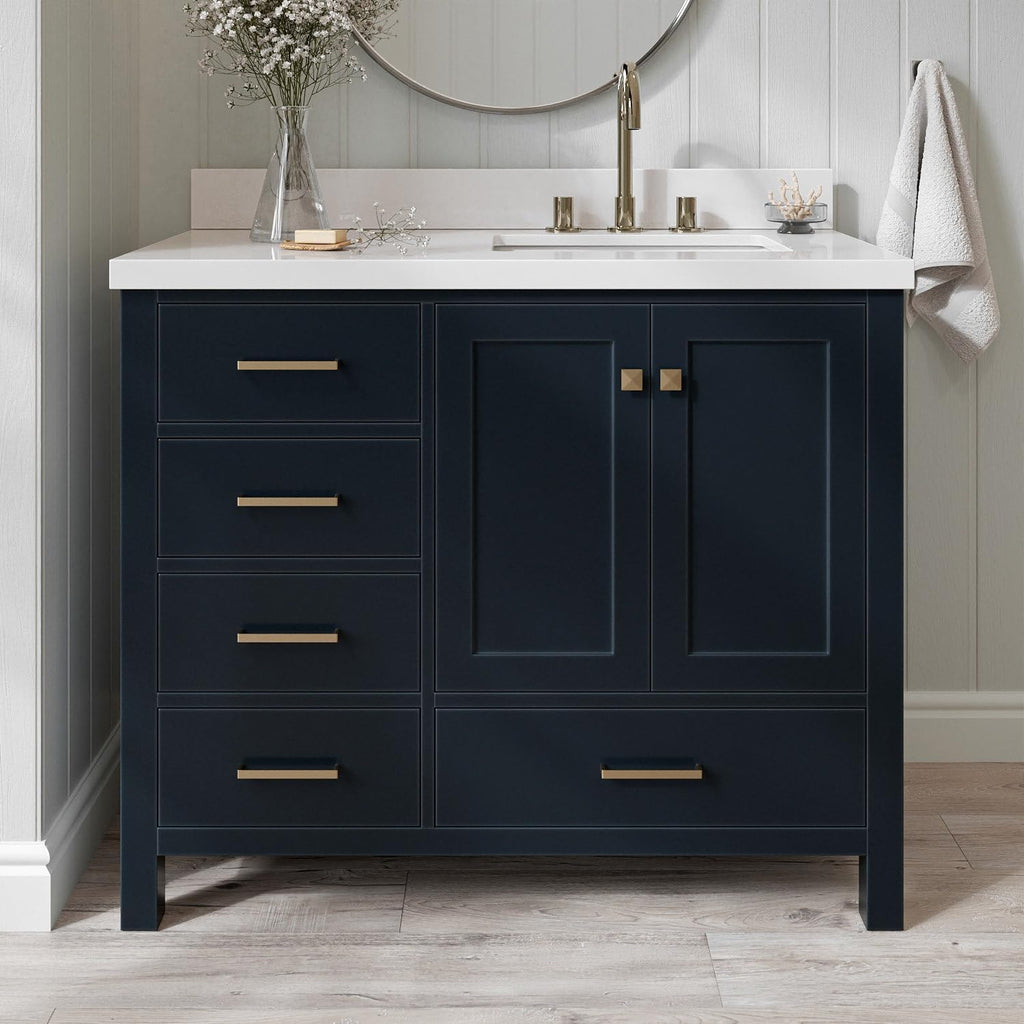 ARIEL Cambridge 42-inch Bathroom Vanity with Sink,Solid Wood, 1.5-inch Pure White Quartz Countertop, Single Rectangular Porcelain Sink, 2 Soft Closing Doors, 5 Dovetail Drawers, Midnight Blue