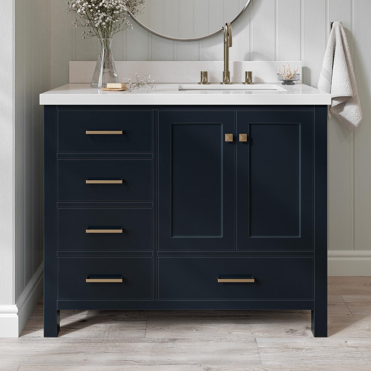 ARIEL Cambridge 42-inch Bathroom Vanity with Sink,Solid Wood, 1.5-inch Pure White Quartz Countertop, Single Rectangular Porcelain Sink, 2 Soft Closing Doors, 5 Dovetail Drawers, Midnight Blue