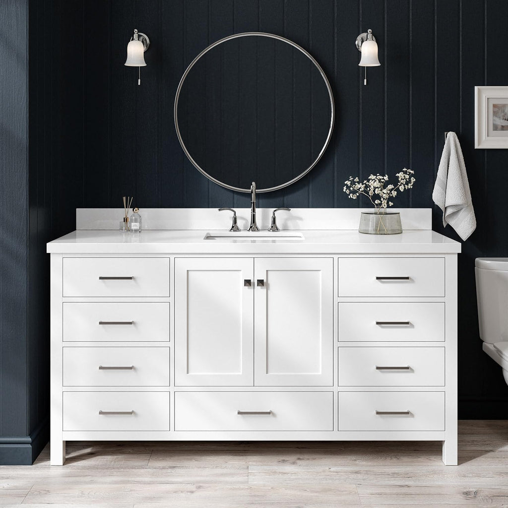 ARIEL Cambridge 66-inch Bathroom Vanity with Sink,Solid Wood, 1.5-inch Pure White Quartz Countertop & Backsplash, Single Rectangular Porcelain Sink, 2 Soft Closing Doors, 9 Dovetail Drawers, White
