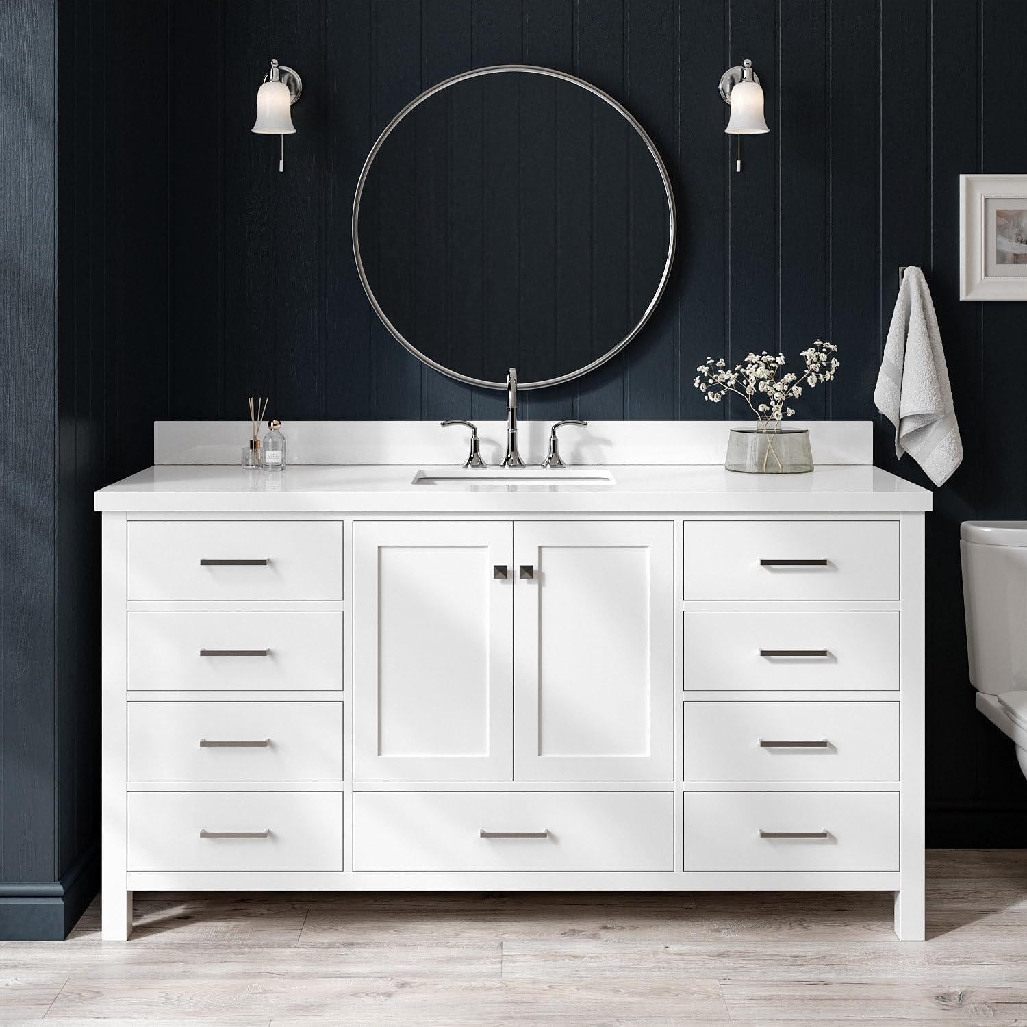 ARIEL Cambridge 66-inch Bathroom Vanity with Sink,Solid Wood, 1.5-inch Pure White Quartz Countertop & Backsplash, Single Rectangular Porcelain Sink, 2 Soft Closing Doors, 9 Dovetail Drawers, White