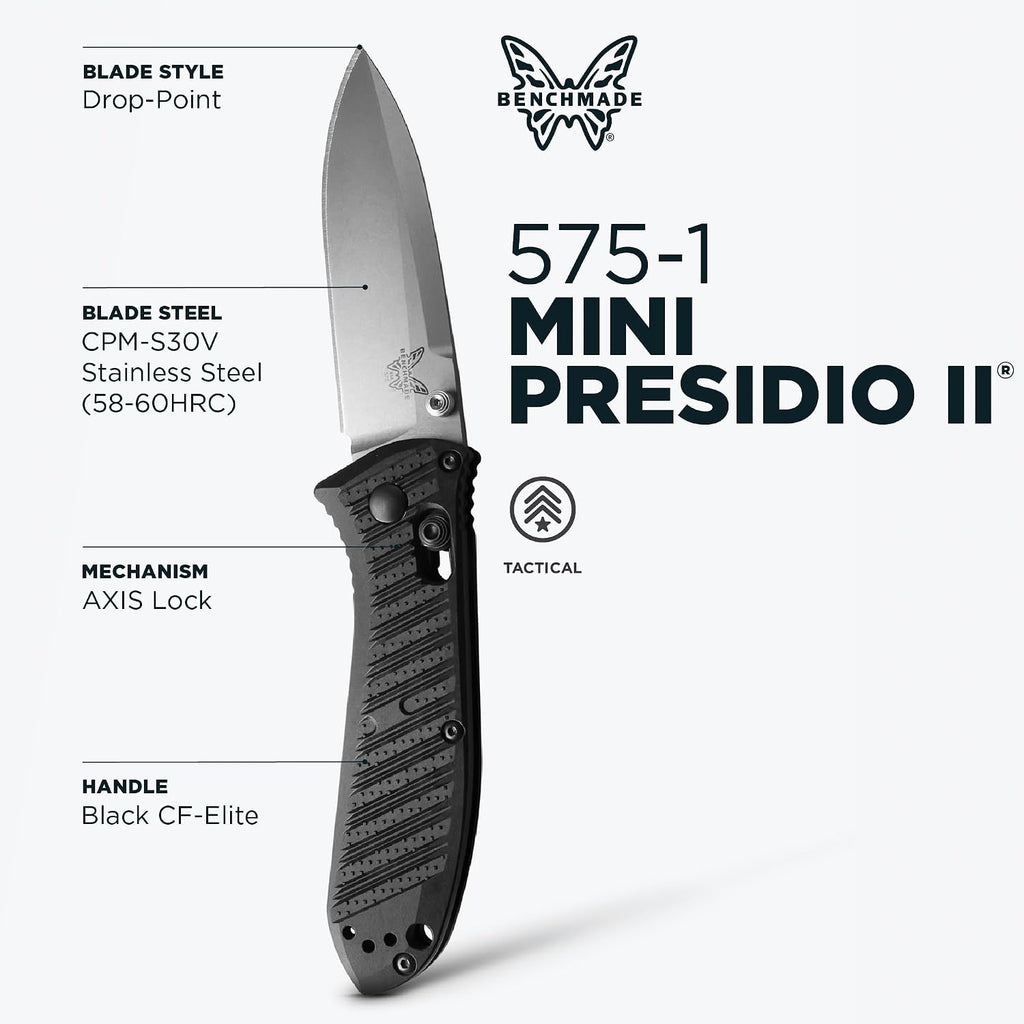 Benchmade - Mini Presidio II Tactical, Every Day Knife, Drop-Point Blade with Black CF Elite Handle (575-1)