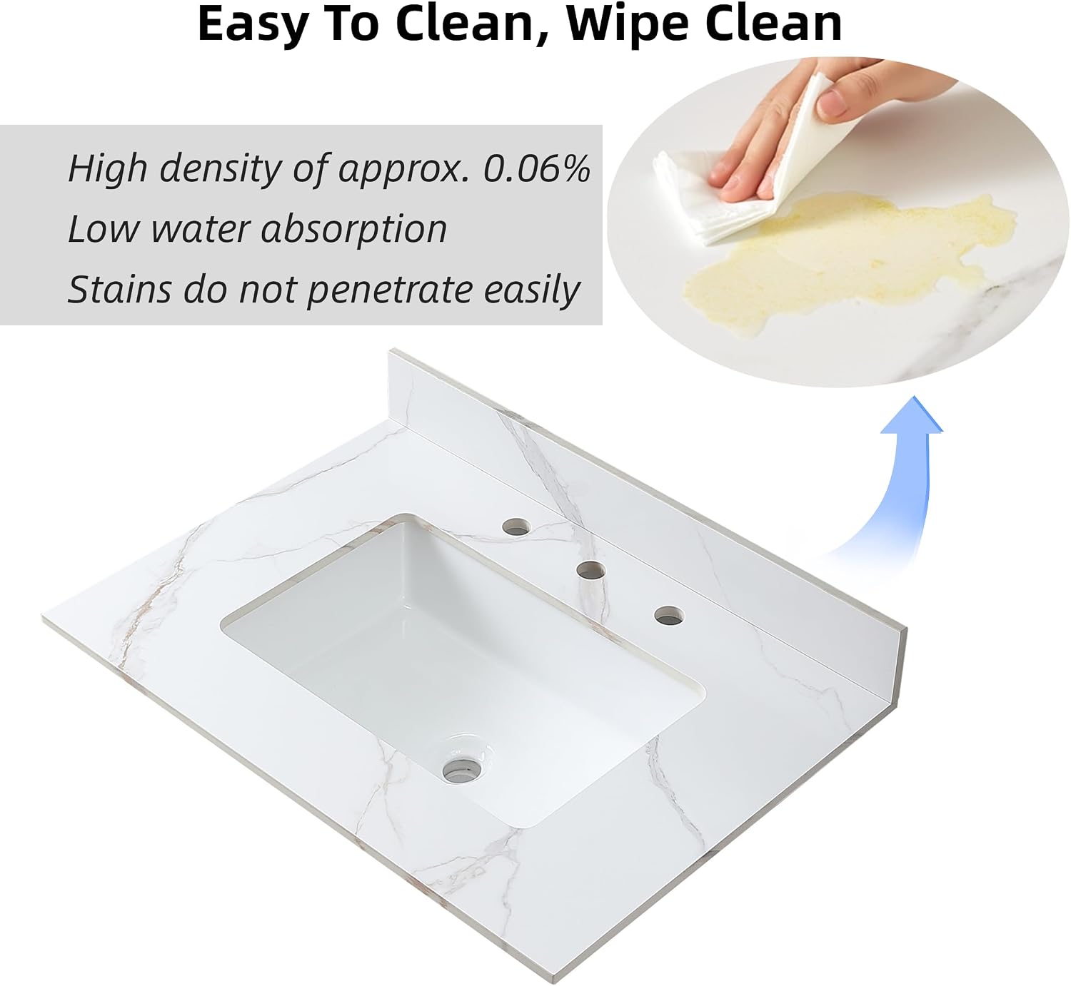 31 Inch Bathroom Vanity Top with Undermounted Large Ceramic Sink & Backsplash, Sintered Stone Artificial Marble Vanity Sink Tops with 3 hole, Carrara Gold