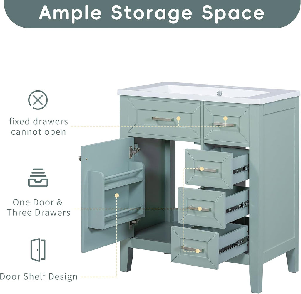 30 Inch Bathroom Vanity Without Sink, Base Only, Storage Cabinet with Doors and Drawers, Green