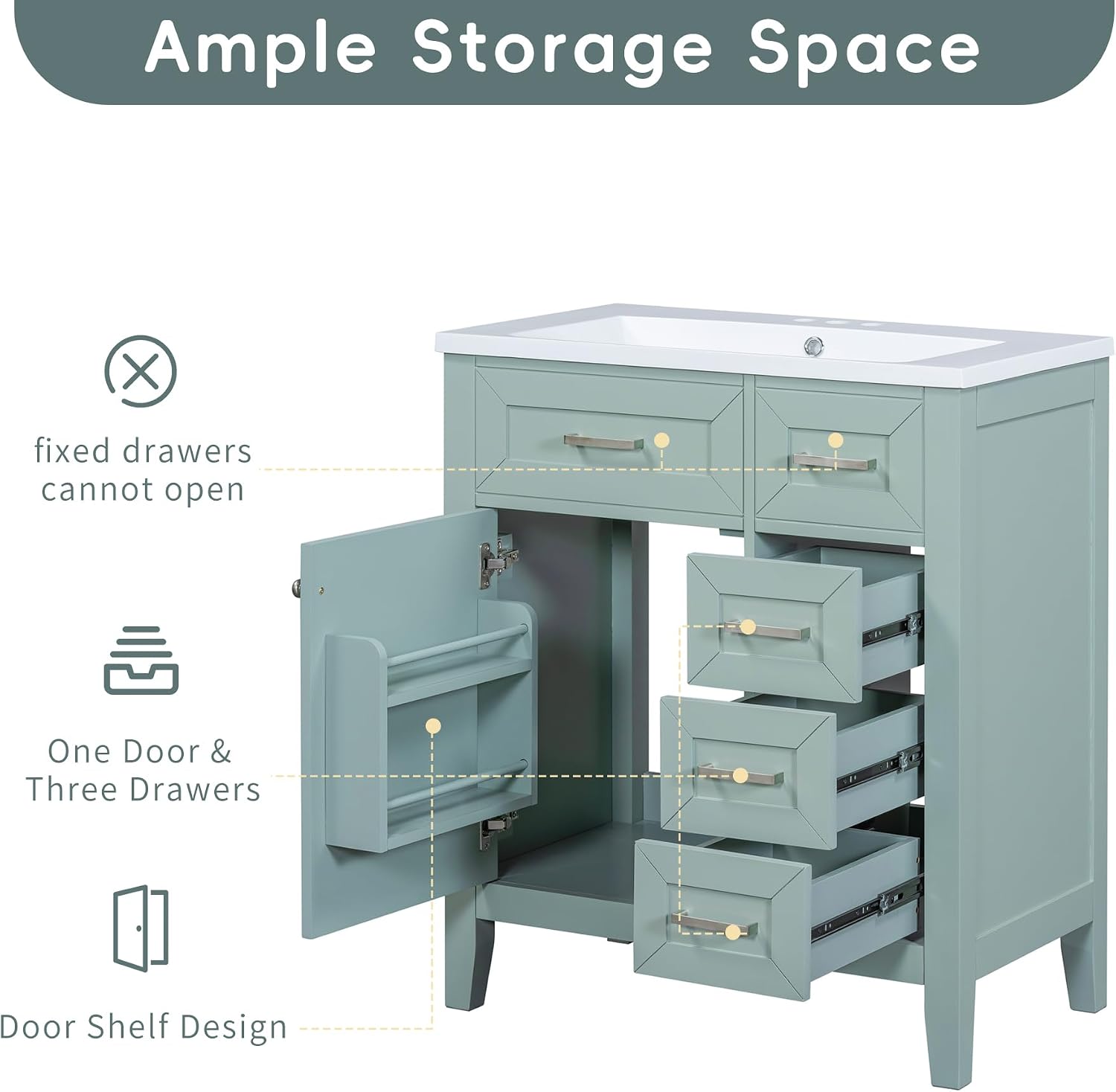 30 Inch Bathroom Vanity Without Sink, Base Only, Storage Cabinet with Doors and Drawers, Green