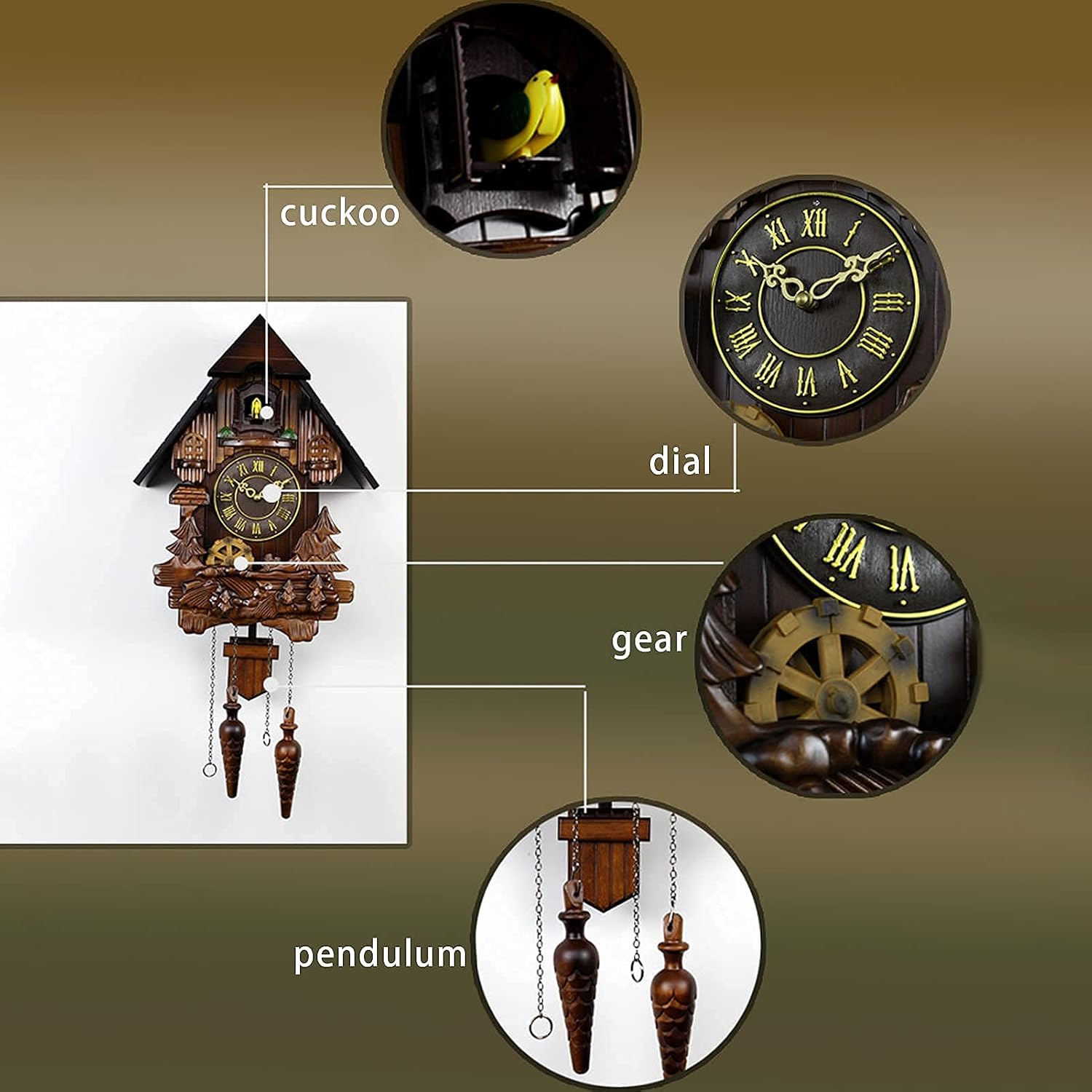Wall Clock Outdoor Clock,Hand-Carved Cuckoo Clock Black Forest House with Music & Night Mode,Carved Wood Decorations,Brown Art Home Decor Silent Wall Clocks