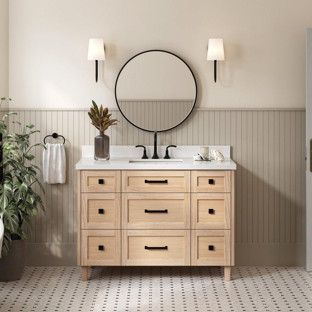 ARIEL Monroe 48-inch Bathroom Vanity with Sink,Solid Wood, 1.5-inch Pure White Quartz Countertop & Backsplash, Single Rectangular Porcelain Sink, 9 Dovetail Drawers, Matte Black, White Oak