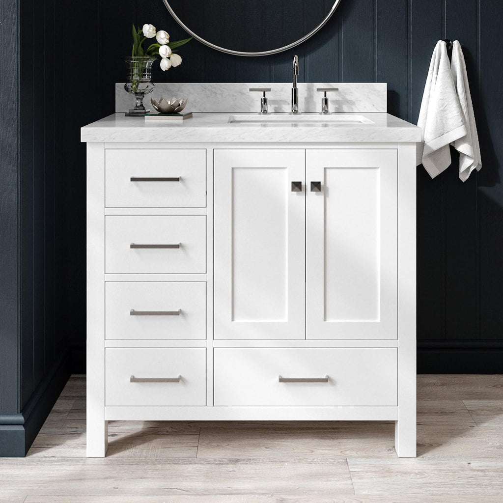 ARIEL Cambridge 36-inch Bathroom Vanity with Sink,Solid Wood, 1.5-inch Italian Carrara Marble Countertop, Single Rectangular Porcelain Sink, 2 Soft Closing Doors, 5 Dovetail Drawers, White