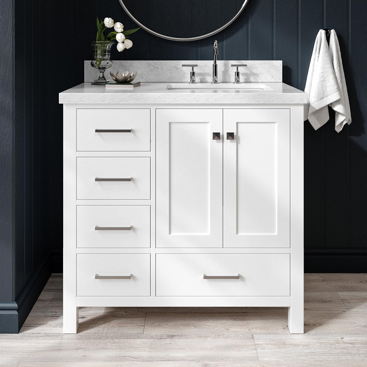 ARIEL Cambridge 36-inch Bathroom Vanity with Sink,Solid Wood, 1.5-inch Italian Carrara Marble Countertop, Single Rectangular Porcelain Sink, 2 Soft Closing Doors, 5 Dovetail Drawers, White