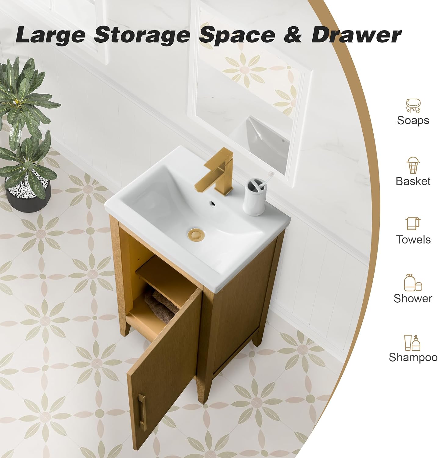 HOMEBEYOND 20 Inch Bathroom Vanities with Sink & Ceramic Top, Single Vanity Cabinet with Basin, Solid Wood Frame, Soft-Closing Doors & Golden Brushed Hardware, Natural Oak