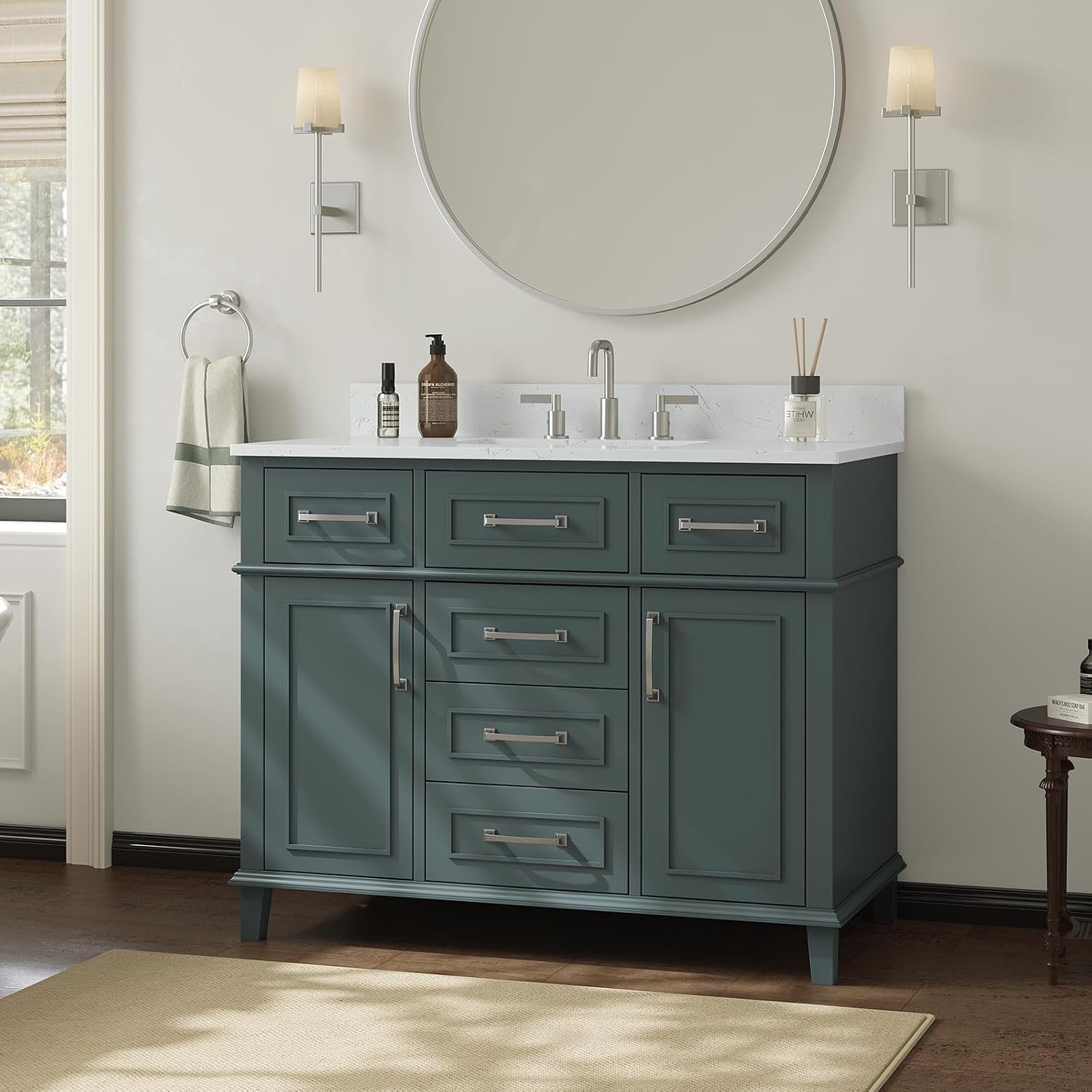42 Inch Bathroom Vanity with Sink, Single Sink Bathroom Vanity with Adjustable Feets, Modern Bathroom Storage Cabinet with Soft Closing Doors & Dovetail Drawers, Green