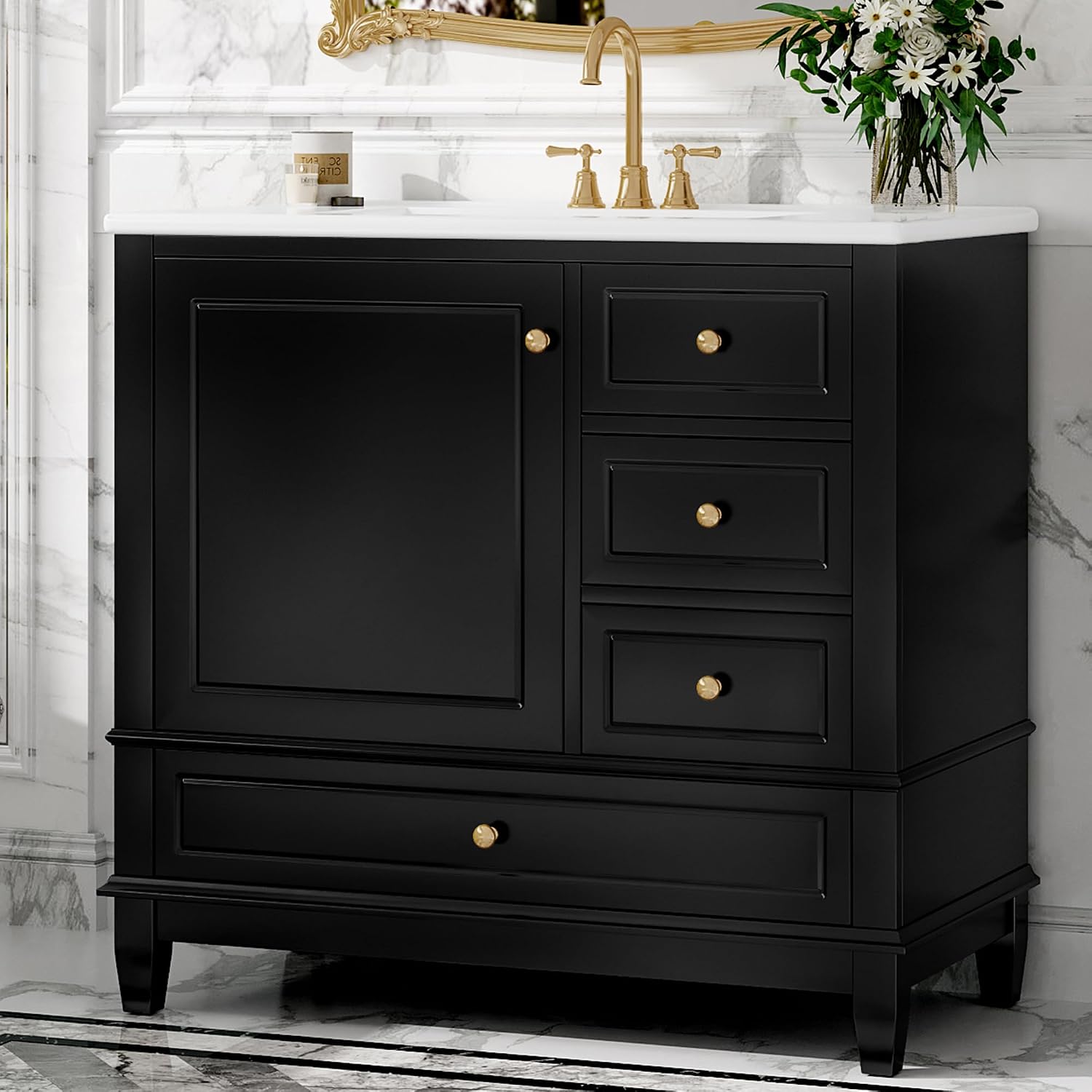 36' Modern Freestanding Bathroom Vanity with Ceramic Sink Top, 3 Drawers & Storage Shelves - MDF & Solid Wood Base