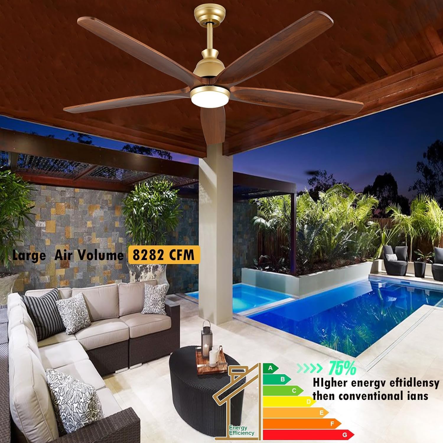 72 inch Gold Ceiling Fans with Lights and Remote, Large Airflow Solid Wood Ceiling Fan with 5 Blades, 3CCT Dimmable, Indoor Quiet DC Motor Celing Fans Exterior for Covered Patios Porch