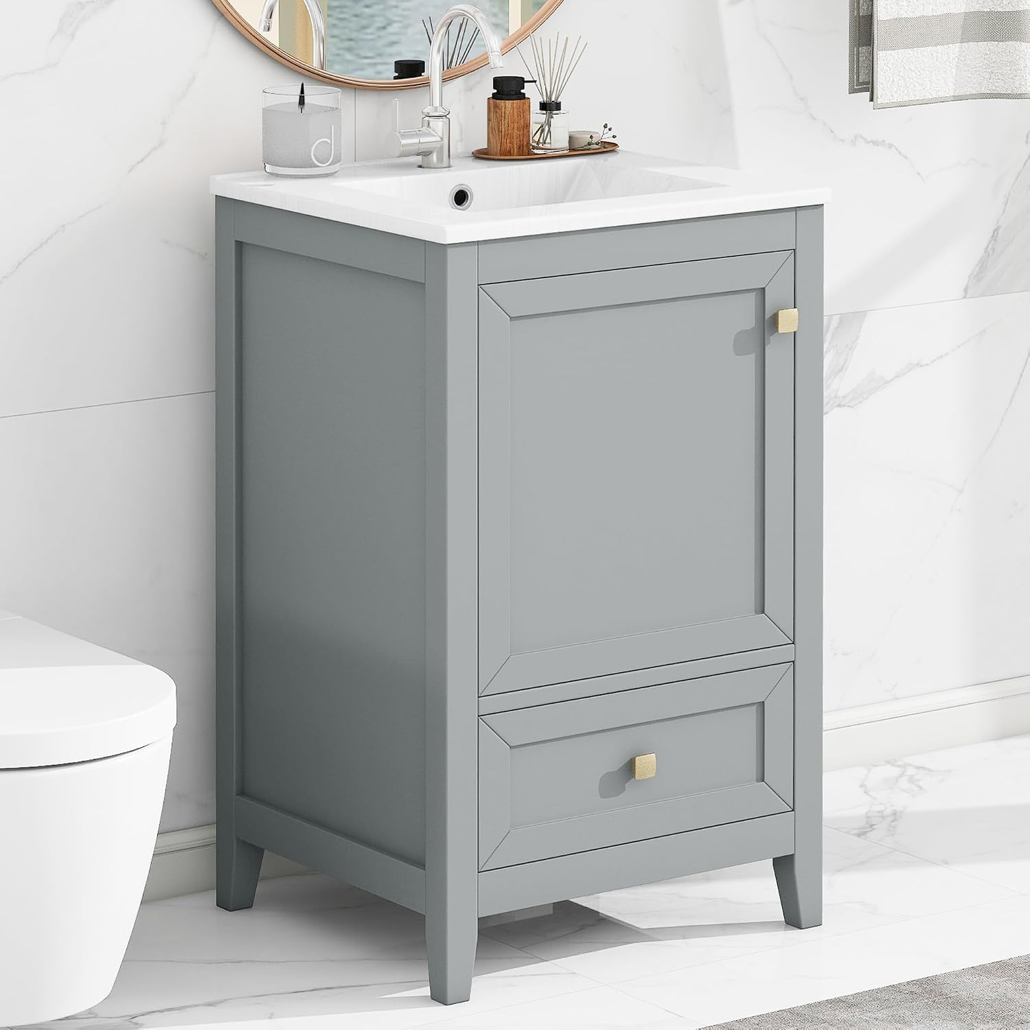 Harper & Bright Designs 20' Bathroom Vanity with Sink, Free Standing Single Vanity Set with One Drawer, and Door Storage Shelf, Solid Wood Storage Cabinet with Ceramic Basin for Bathroom, Grey