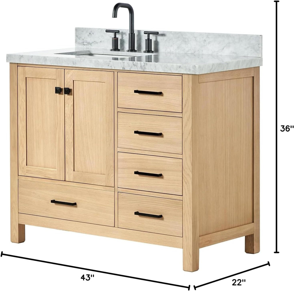 ARIEL Cambridge 42-Inch Oak Bathroom Vanity with Sink, 1.5' Italian Carrara Marble Countertop & 4' Backsplash, Soft Closing Door & Drawer, Matte Black Hardware