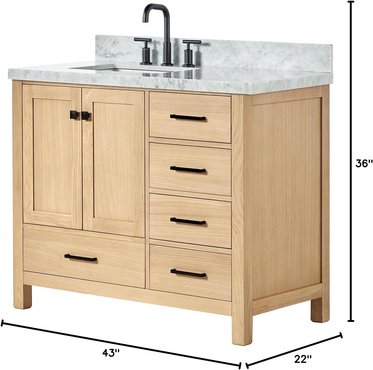 ARIEL Cambridge 42-Inch Oak Bathroom Vanity with Sink, 1.5' Italian Carrara Marble Countertop & 4' Backsplash, Soft Closing Door & Drawer, Matte Black Hardware
