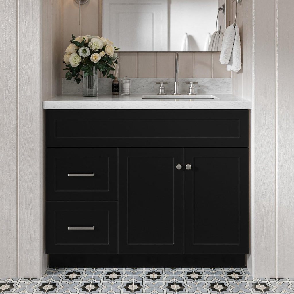 DKB Bradford 42' Black Single Bathroom Vanity with Rectangular Sink, 1.5' Edge Italian Carrara Marble Countertop, Solid Wood Frame, 2 Soft-Closing Doors, 2 Dovetail Drawers, Brushed Nickel
