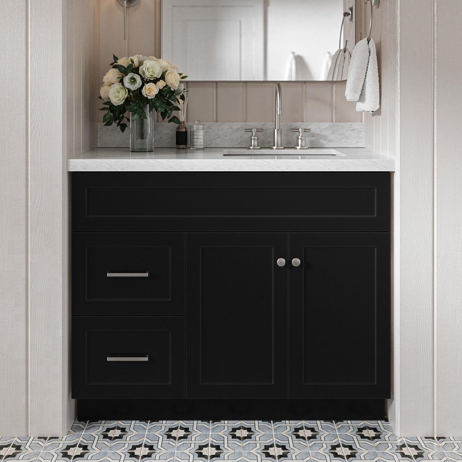 DKB Bradford 42' Black Single Bathroom Vanity with Rectangular Sink, 1.5' Edge Italian Carrara Marble Countertop, Solid Wood Frame, 2 Soft-Closing Doors, 2 Dovetail Drawers, Brushed Nickel