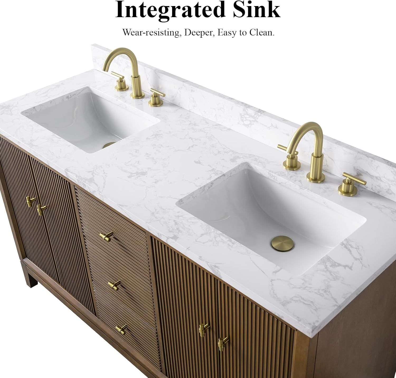HOMEBEYOND 60' Bathroom Vanity with Double Sink & Engineered Marble Top, Solid Wood Frame, Linear Pattern & Soft Close Door | Golden Brushed Handware, Walnut