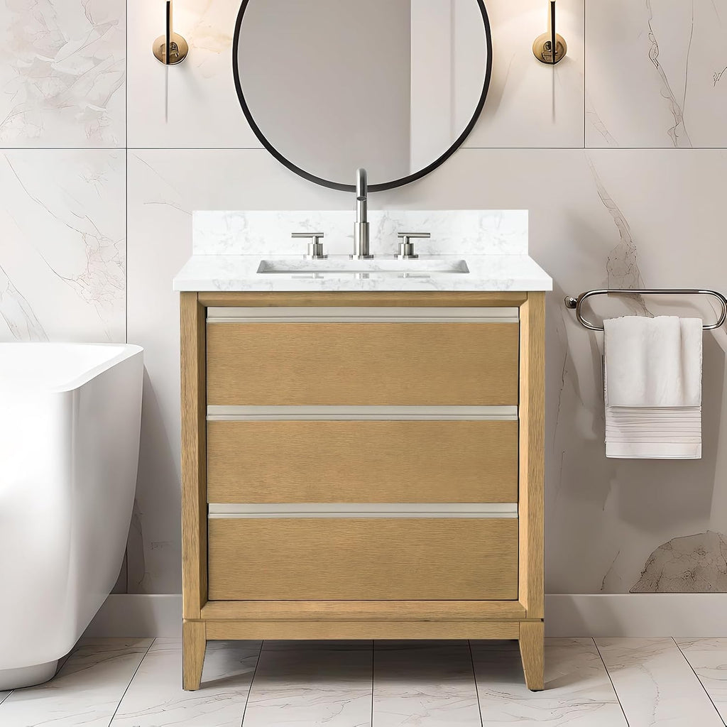 HOMEBEYOND 30 Inch Bathroom Vanity with Sink & Ceramic Top, Vanity Cabinet with Solid Wood Frame, Soft-Closing Doors, Drawers, Natural Oak