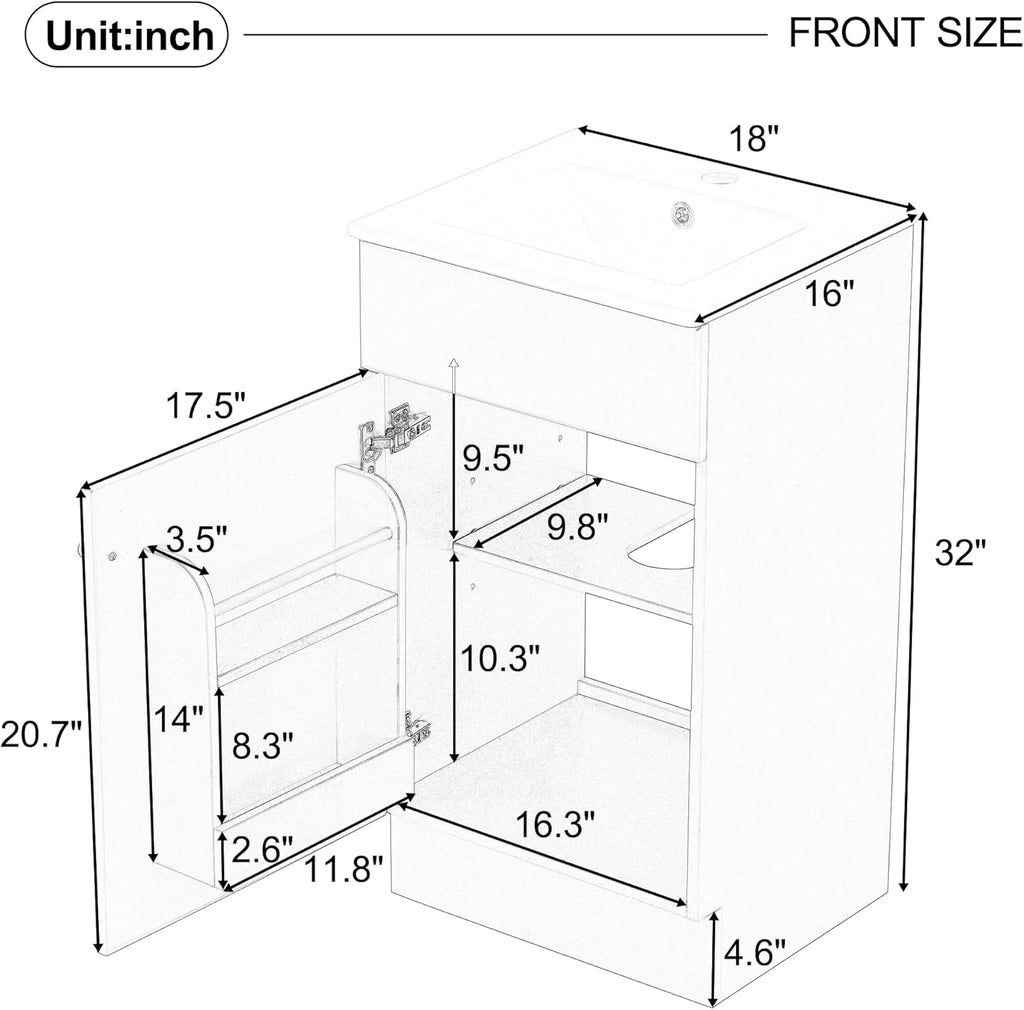 18-inch Bathroom Vanity Sink Combo, Free-Standing Single Storage Cabinet with Adjustable Shelf & Storage Rack, Wooden Set with Ceramic Basin for Bathroom (White)