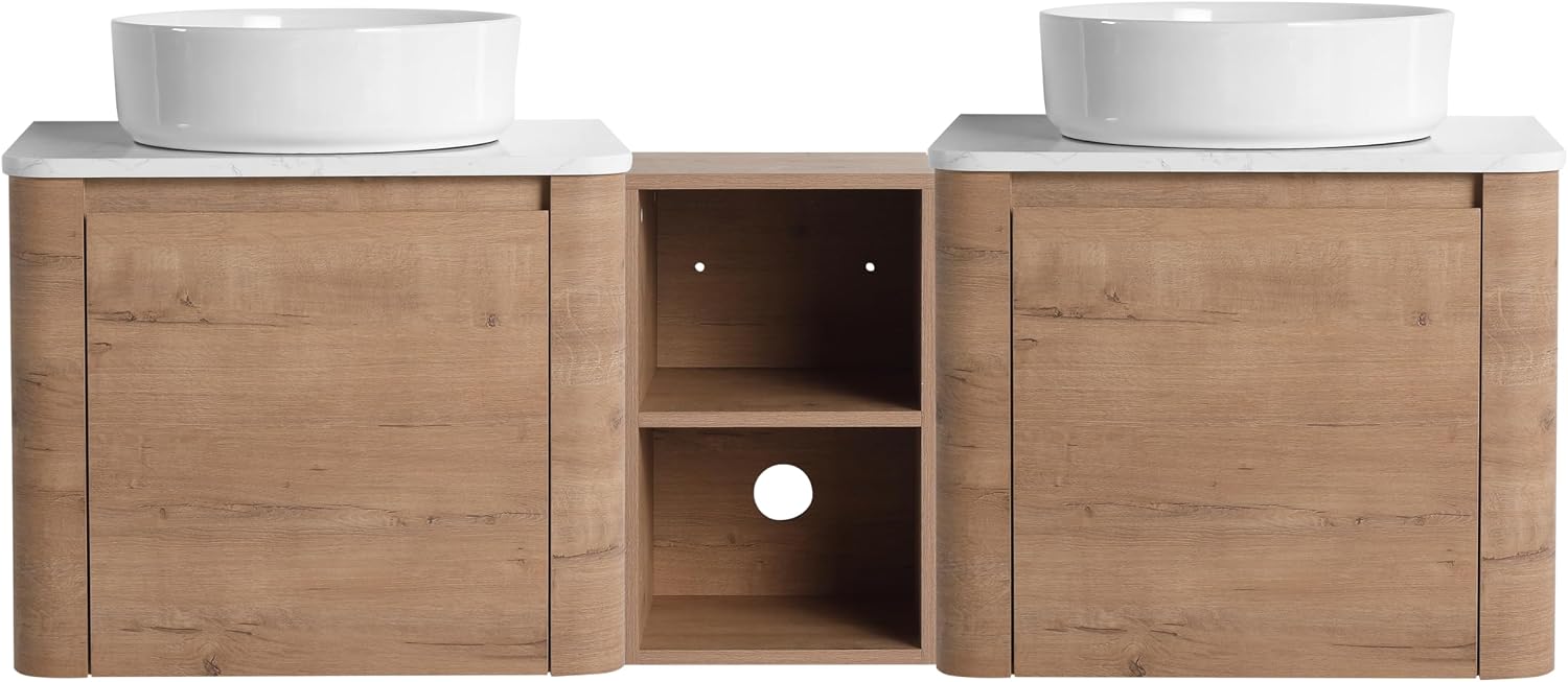 60 Inch Double Sink Bathroom Vanity Combo Modern Floating Bathroom Vanitites with Round Ceramic Vessel Sink 60' Bathroom Sink Cabinet with Marble Counter Top & 1 Middle Storage Shelf