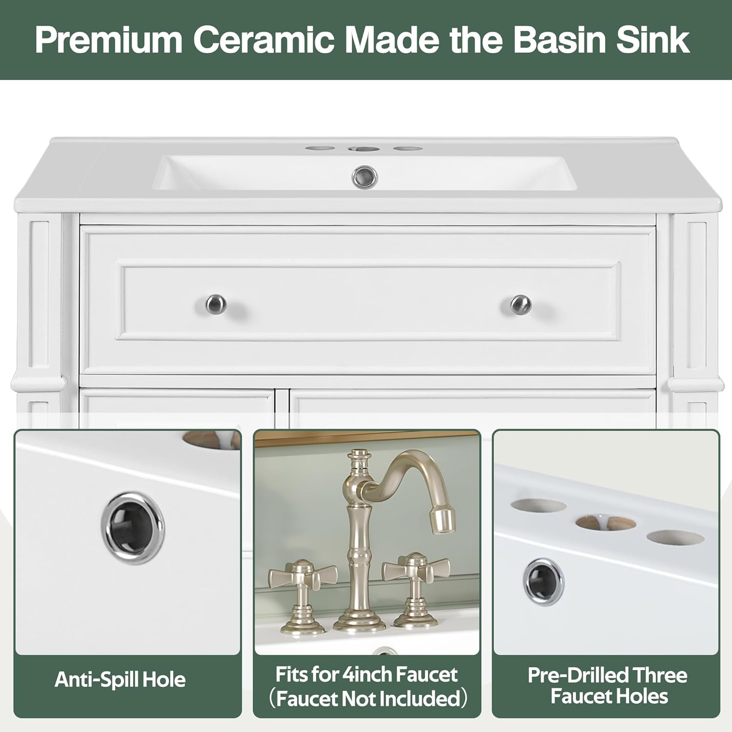 Merax 30' Bathroom Vanity with Sink, Modern Solid Wood Frame Bathroom Vanity Storage Cabinet with Adjustable Shelf, Ceramic Sink Top, Soft Closing Doors, 3 Drawers and Tip Out Drawer, White