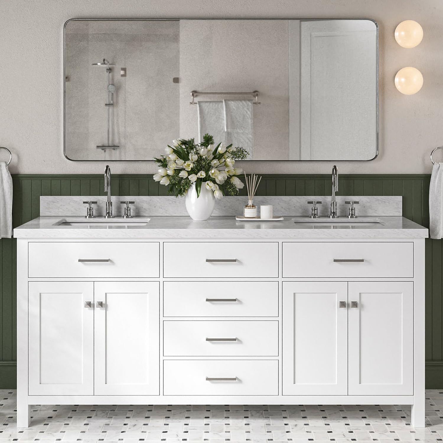 DKB Alenza 72 Inch Bathroom Vanity Double Sink — White Bathroom Vanity with Sink, 1.5' Edge Italian Carrara Marble Countertop & Backsplash, 4 Soft-Close Doors, 4 Dovetail Drawers