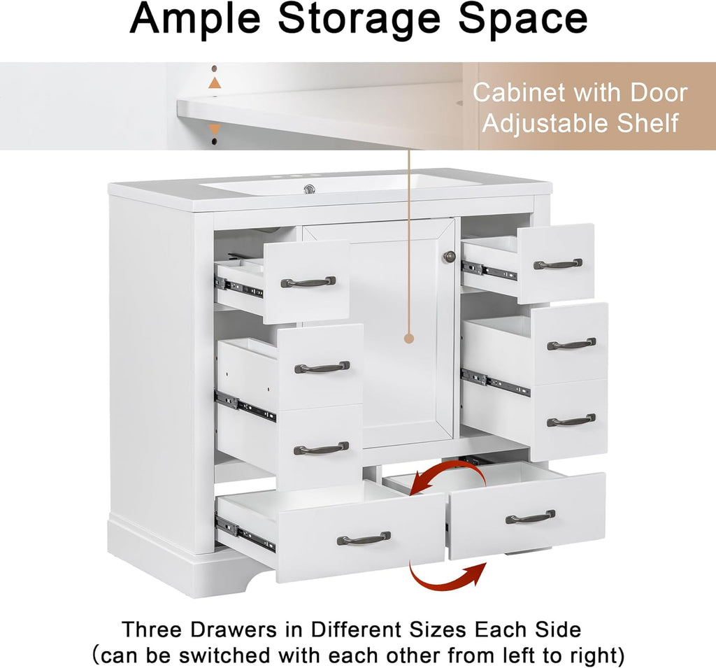 36' Bathroom Vanity with Sink, Harper & Bright Designs Free Standing Single Basin Vanity Set with 6 Drawers & One Cabinet with Adjustable Shelf, Bathroom Cabinet with Ceramic Basin for Bathroom, White