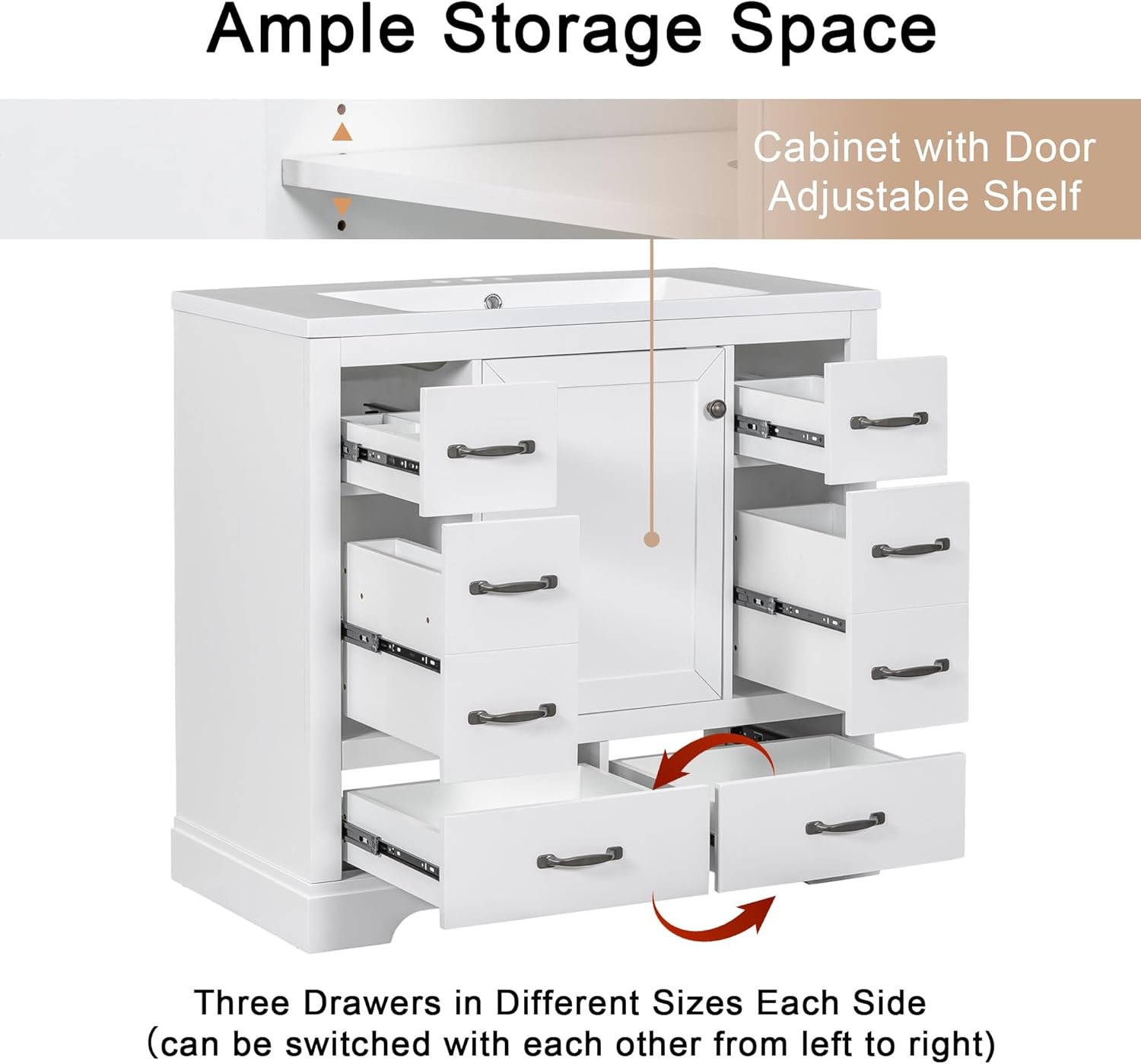 36' Bathroom Vanity with Sink, Harper & Bright Designs Free Standing Single Basin Vanity Set with 6 Drawers & One Cabinet with Adjustable Shelf, Bathroom Cabinet with Ceramic Basin for Bathroom, White