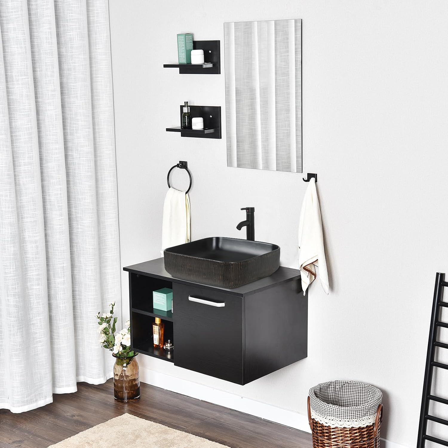 28 Inch Wall Mounted Bathroom Vanity and Ceramic Sink Combo with Mirror and ORB 1.5GPM Water Saving Faucet and Pop-up Drain Set Modern Lavatory Floating Vanity with Counter Top Sink