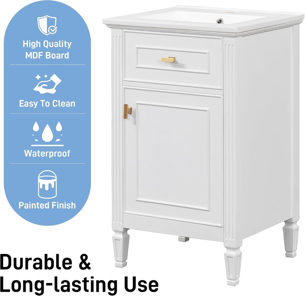 20'' Bathroom Vanity with Sink, Freestanding Storage Cabinet with Tilt-Out Drawer, Adjustable Shelf and Solid Wood Legs for Small Bathroom (White-4.10)