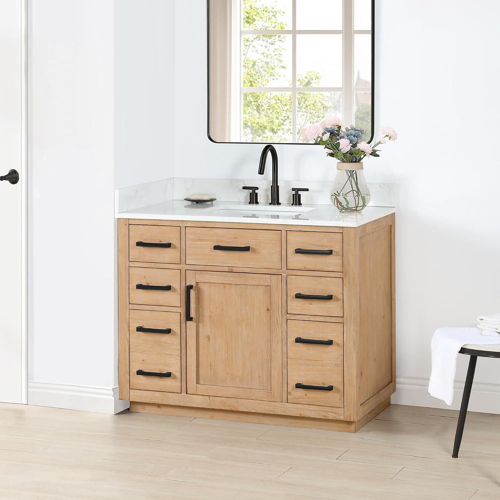 ALTAIR 42 Bathroom Vanity with Top and Sink Mordern Pedestal Single Vanities Light Brown Large Storge Cabinet with Ceramic Countertop Sidesplash and Backsplash Included Pre-Assembled