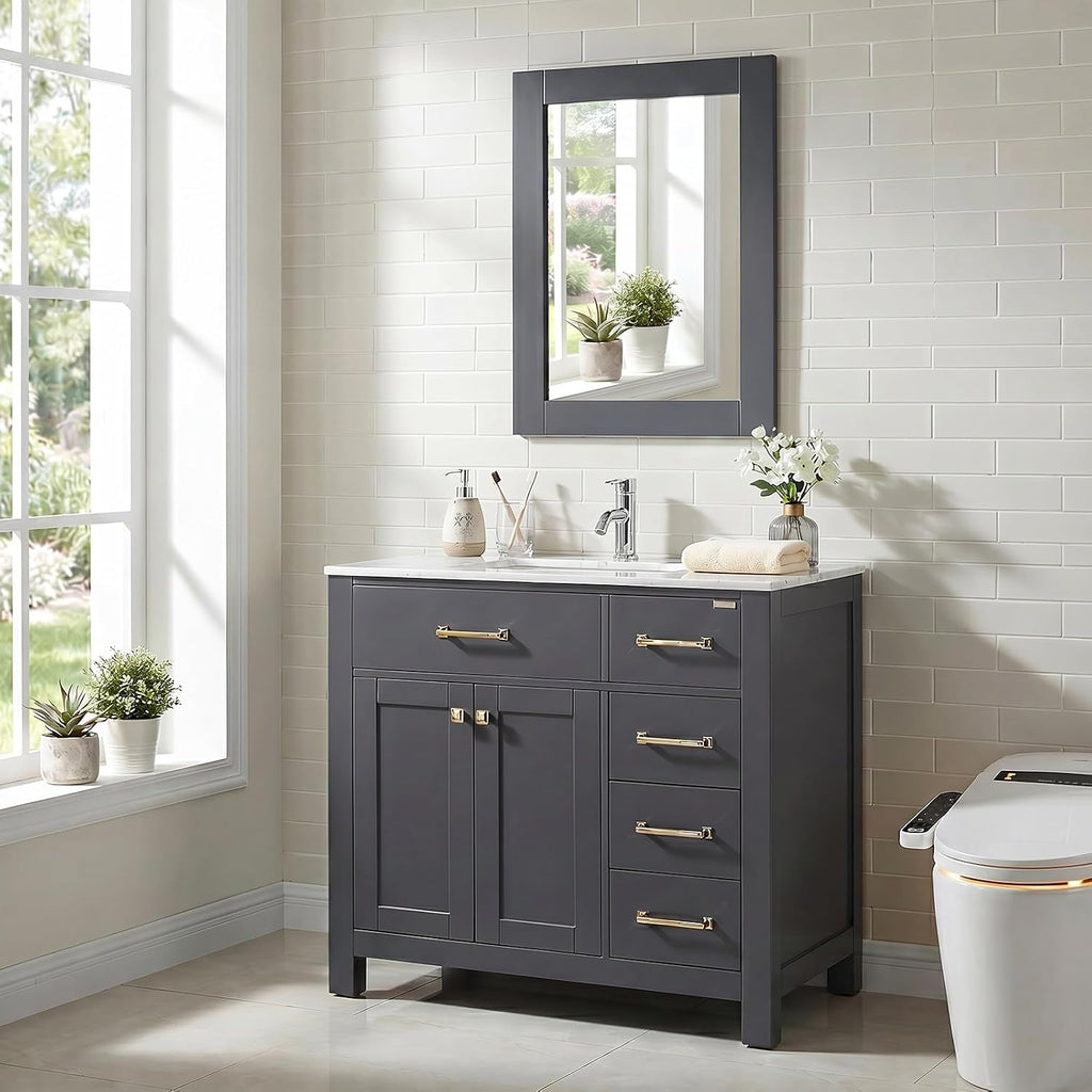 36 inch Bathroom Vanity with Sink Countertop Mirror Faucet Modern Grey | Freestanding bathroom vanity cabinet, ceramic single sink combo