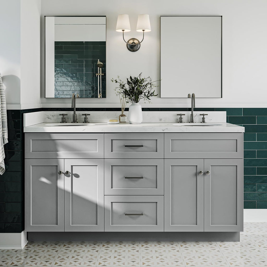 ARIEL Hamlet 66-inch Bathroom Vanity with Sink,Solid Wood, 1.5-inch Carrara White Quartz Countertop & Backsplash, Double Oval Porcelain Sink, 4 Soft Closing Doors, 3 Dovetail Drawers, Grey