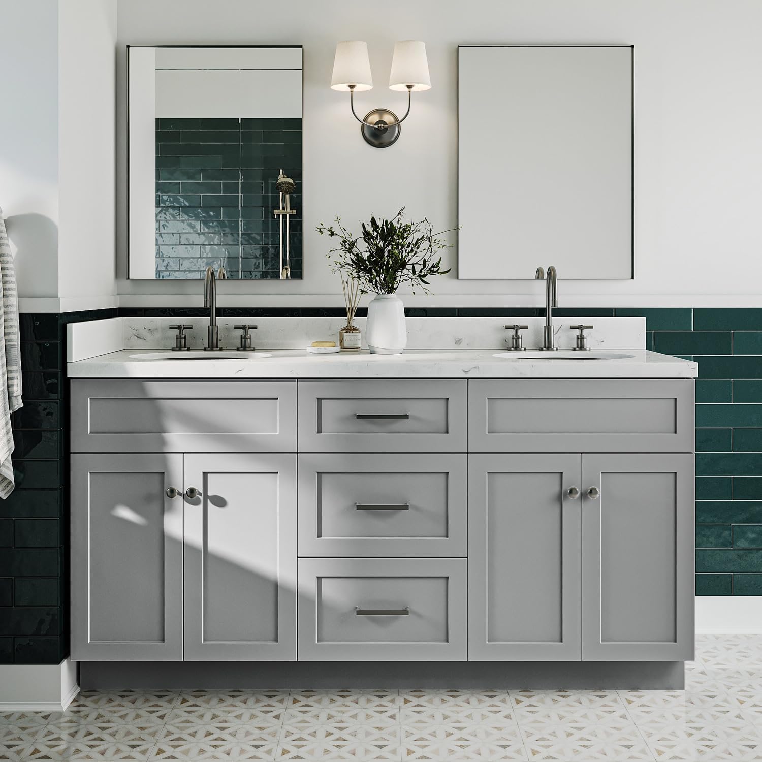 ARIEL Hamlet 66-inch Bathroom Vanity with Sink,Solid Wood, 1.5-inch Carrara White Quartz Countertop & Backsplash, Double Oval Porcelain Sink, 4 Soft Closing Doors, 3 Dovetail Drawers, Grey