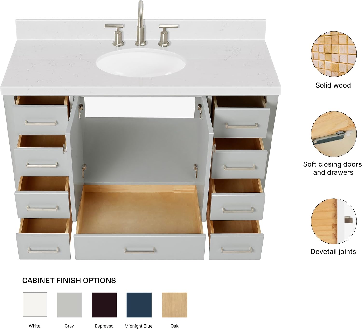 ARIEL Cambridge 48-inch Bathroom Vanity with Sink,Solid Wood, 1.5-inch Carrara White Quartz Countertop & Backsplash, Single Oval Porcelain Sink, 2 Soft Closing Doors, 9 Dovetail Drawers, Grey